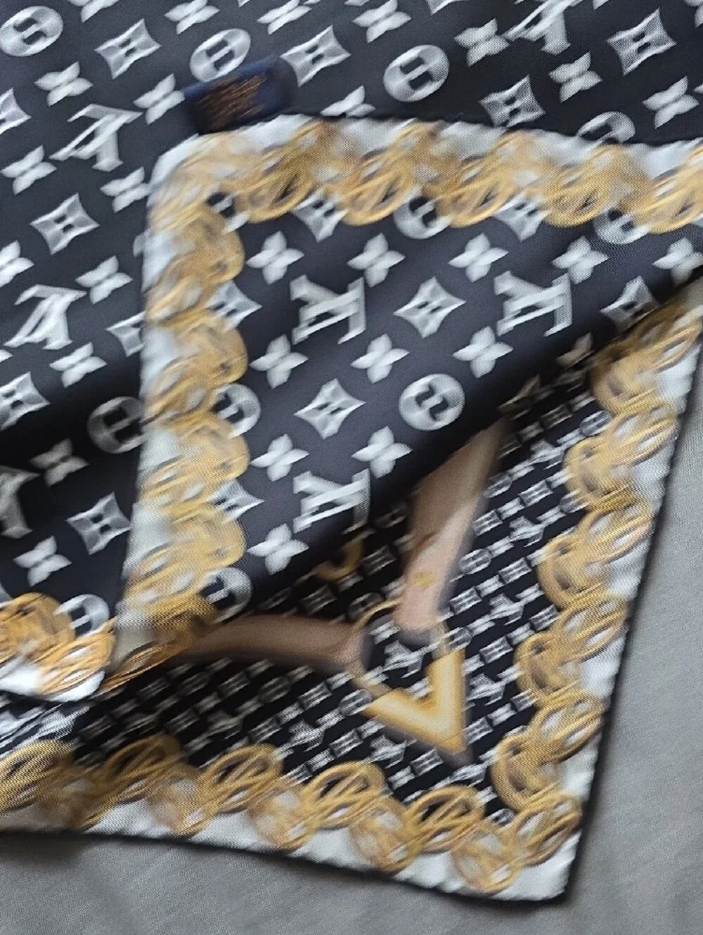 Louis Vuitton Black, White & Gold Monogram Silk Scarf with Chain & Box